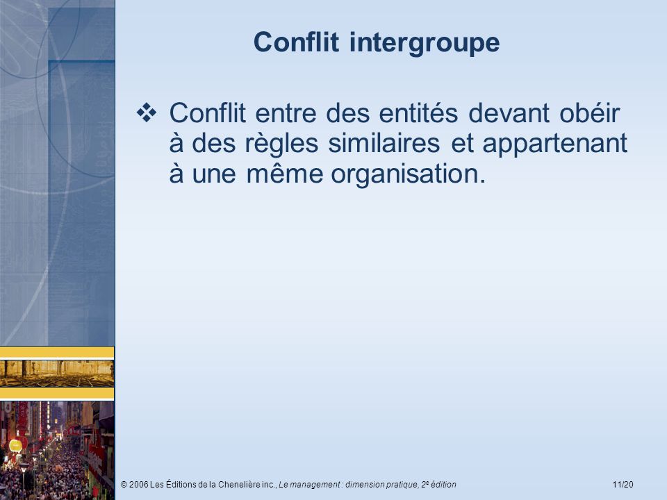 Conflit intergroupe Conflit entre des entités devant obéir à des règles similaires et appartenant à une même organisation.