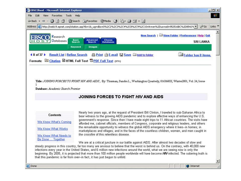 Electronic Journals and Electronic Library Resources: PERI Resources - EBSCO