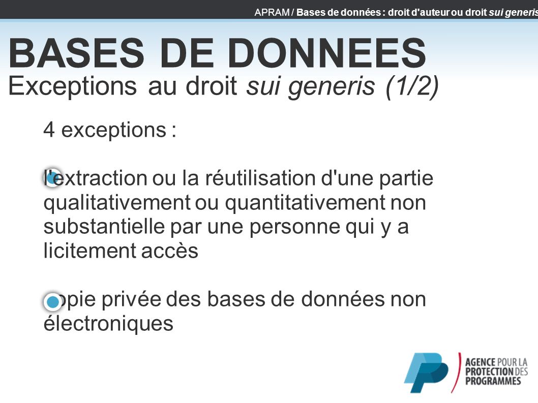 BASES DE DONNEES Exceptions au droit sui generis (1/2)‏ 4 exceptions :