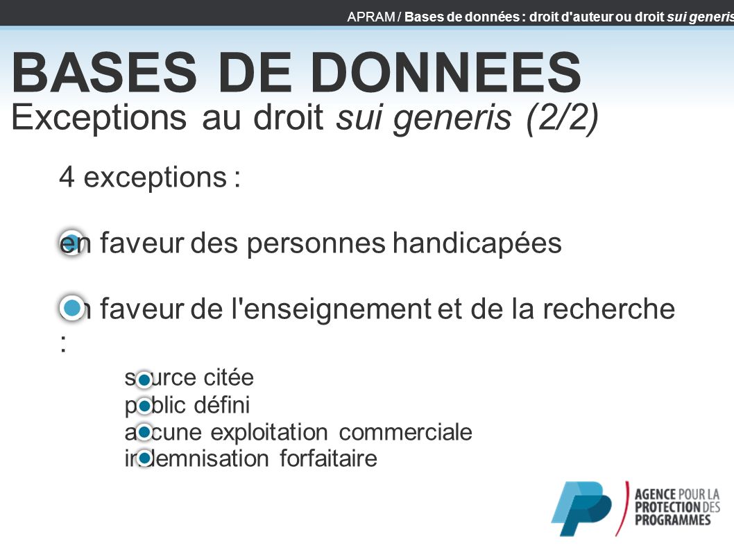 BASES DE DONNEES Exceptions au droit sui generis (2/2)‏ 4 exceptions :