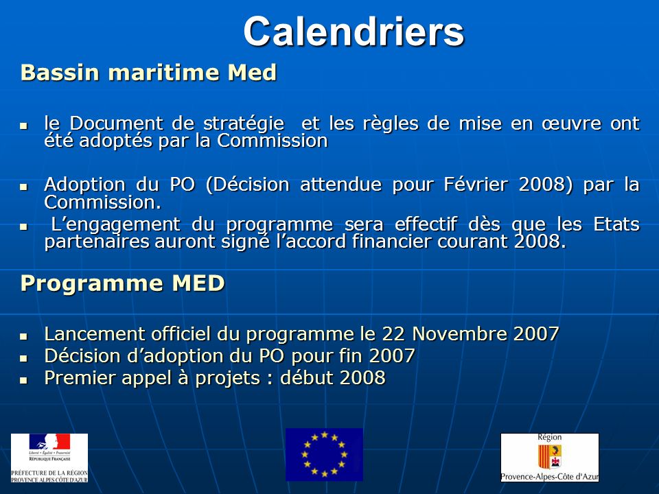 Calendriers Bassin maritime Med Programme MED