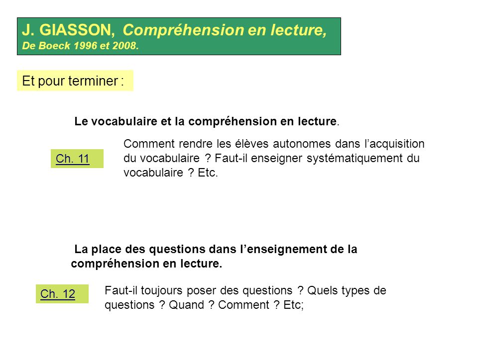 J. GIASSON, Compréhension en lecture, De Boeck 1996 et 2008.