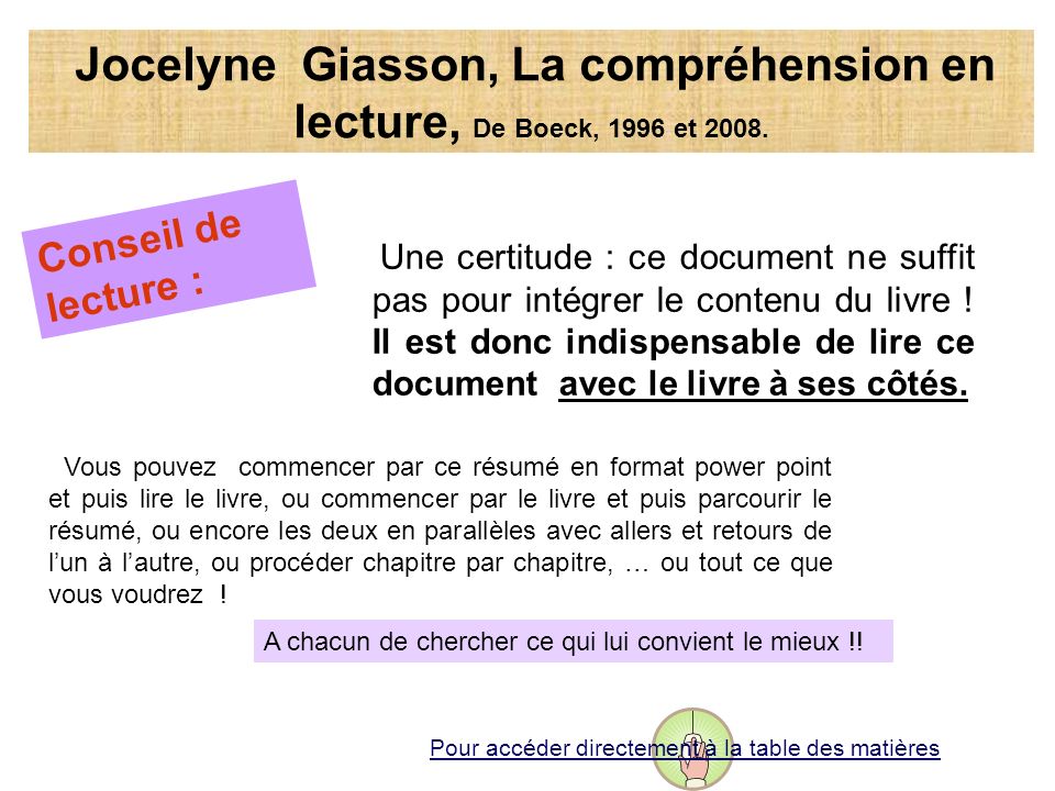 Jocelyne Giasson, La compréhension en lecture, De Boeck, 1996 et 2008.