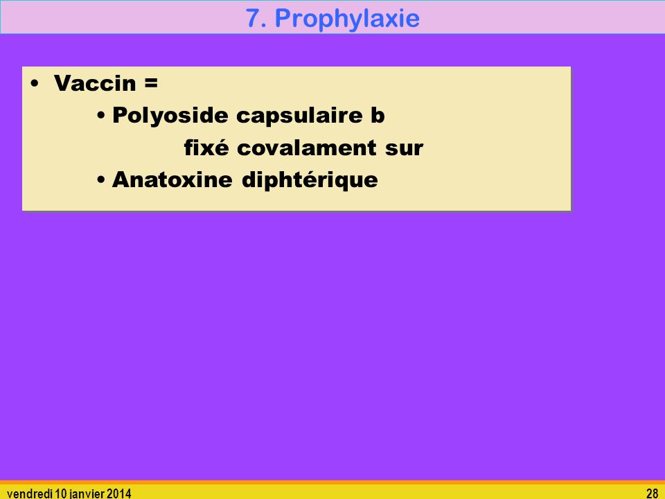 7. Prophylaxie Vaccin = Polyoside capsulaire b fixé covalament sur