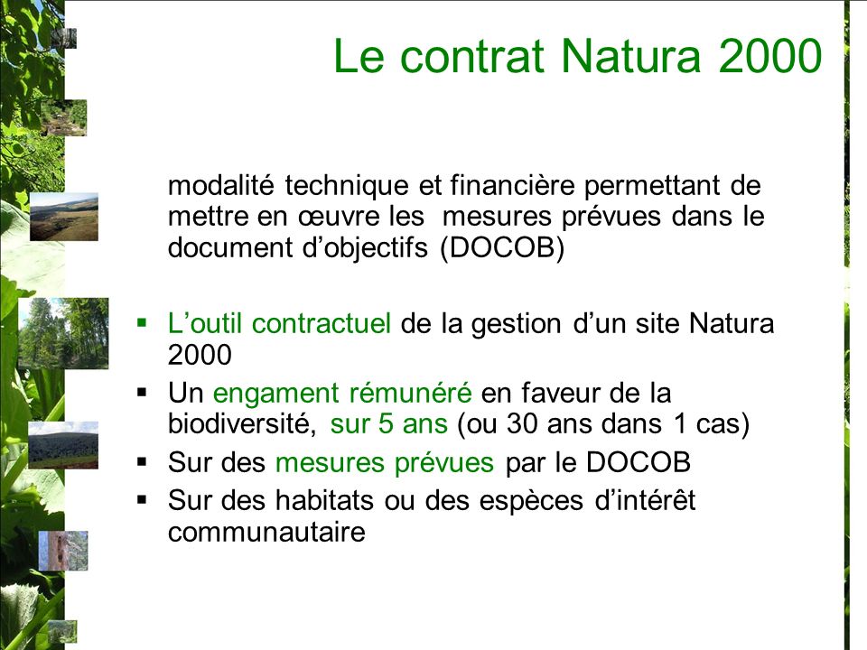 Le contrat Natura 2000 modalité technique et financière permettant de mettre en œuvre les mesures prévues dans le document d’objectifs (DOCOB)