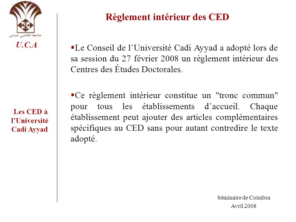 Règlement intérieur des CED Les CED à l’Université Cadi Ayyad