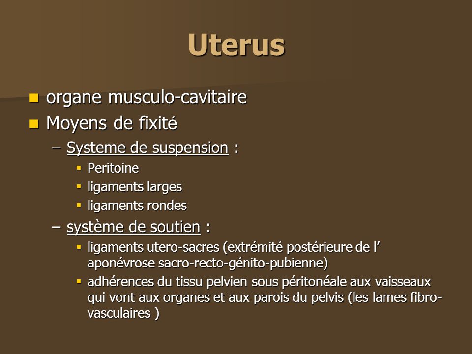 Uterus organe musculo-cavitaire Moyens de fixité