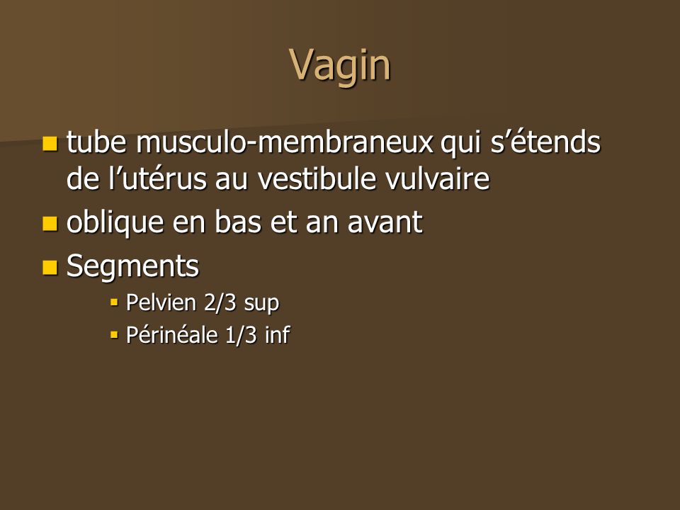 Vagin tube musculo-membraneux qui s’étends de l’utérus au vestibule vulvaire. oblique en bas et an avant.