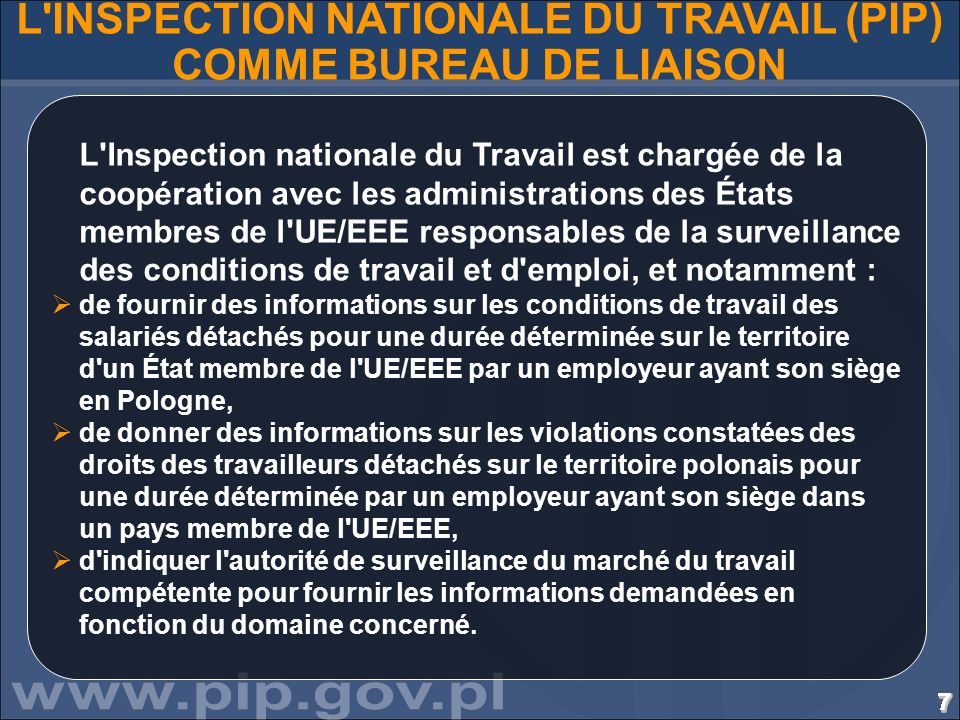 L INSPECTION NATIONALE DU TRAVAIL (PIP) COMME BUREAU DE LIAISON