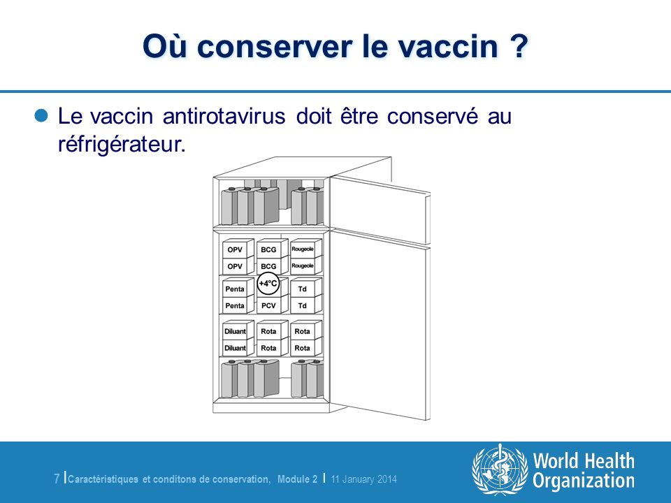 Où conserver le vaccin Le vaccin antirotavirus doit être conservé au réfrigérateur. À l’attention de l’animateur :