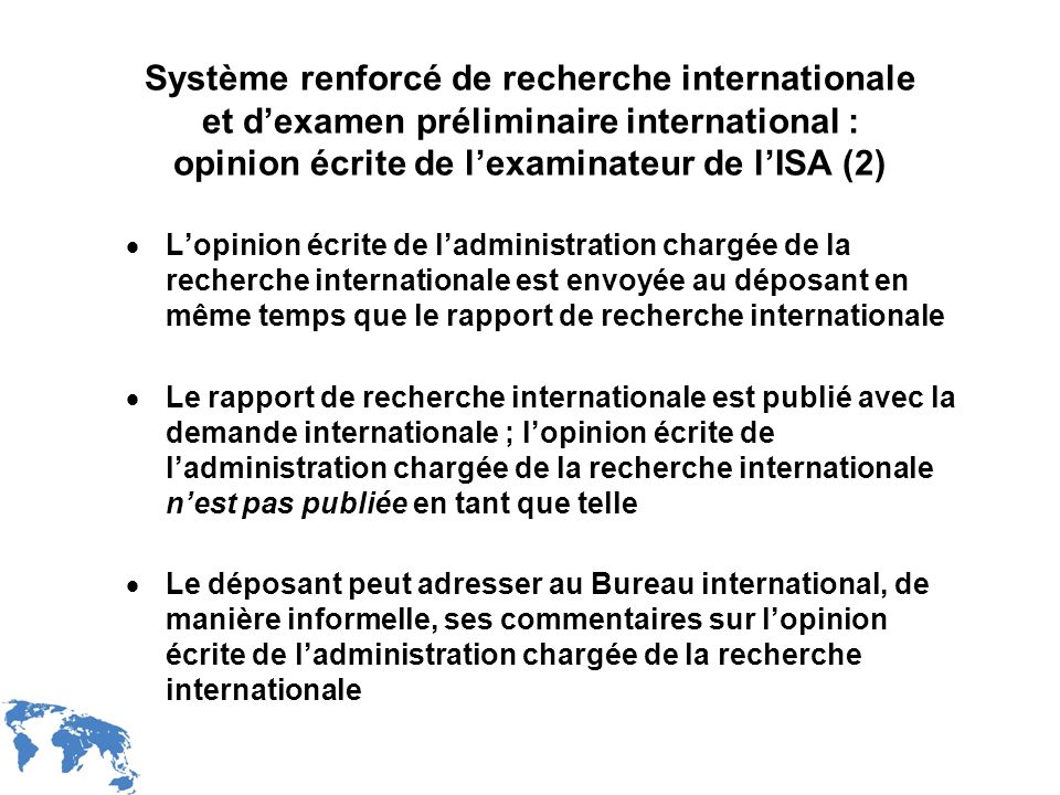 Système renforcé de recherche internationale et d’examen préliminaire international : opinion écrite de l’examinateur de l’ISA (2)