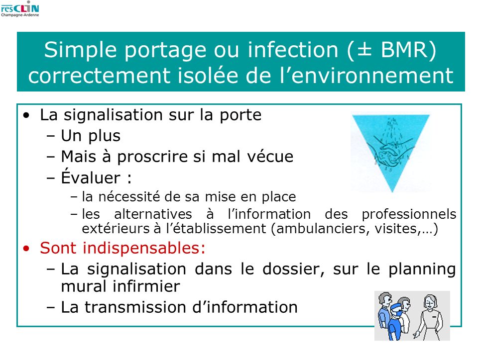 Simple portage ou infection (± BMR) correctement isolée de l’environnement