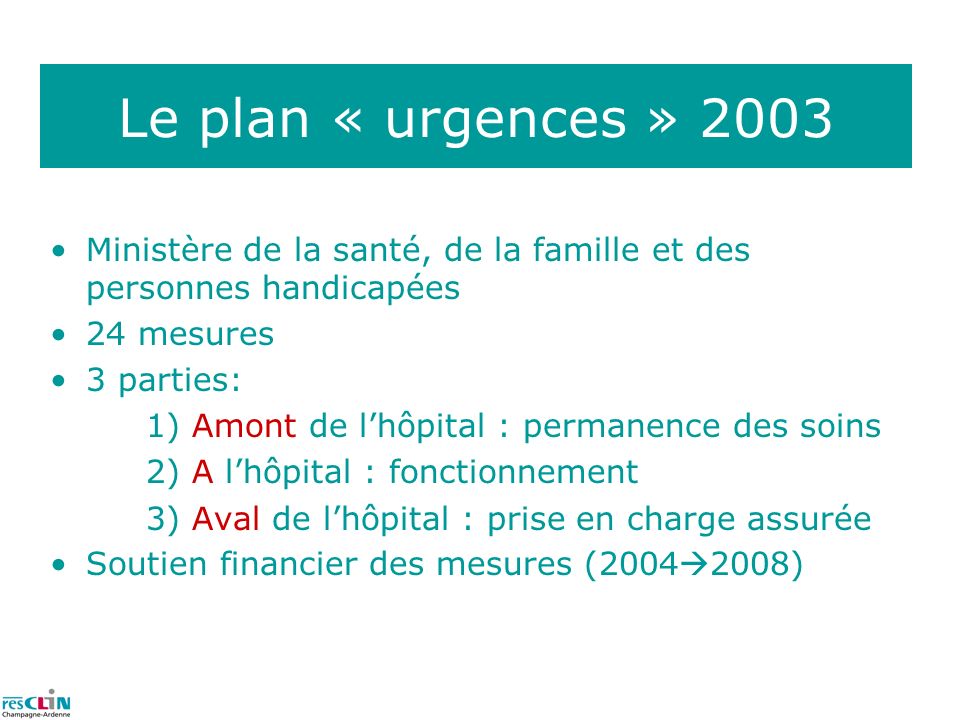 Le plan « urgences » 2003 Ministère de la santé, de la famille et des personnes handicapées. 24 mesures.