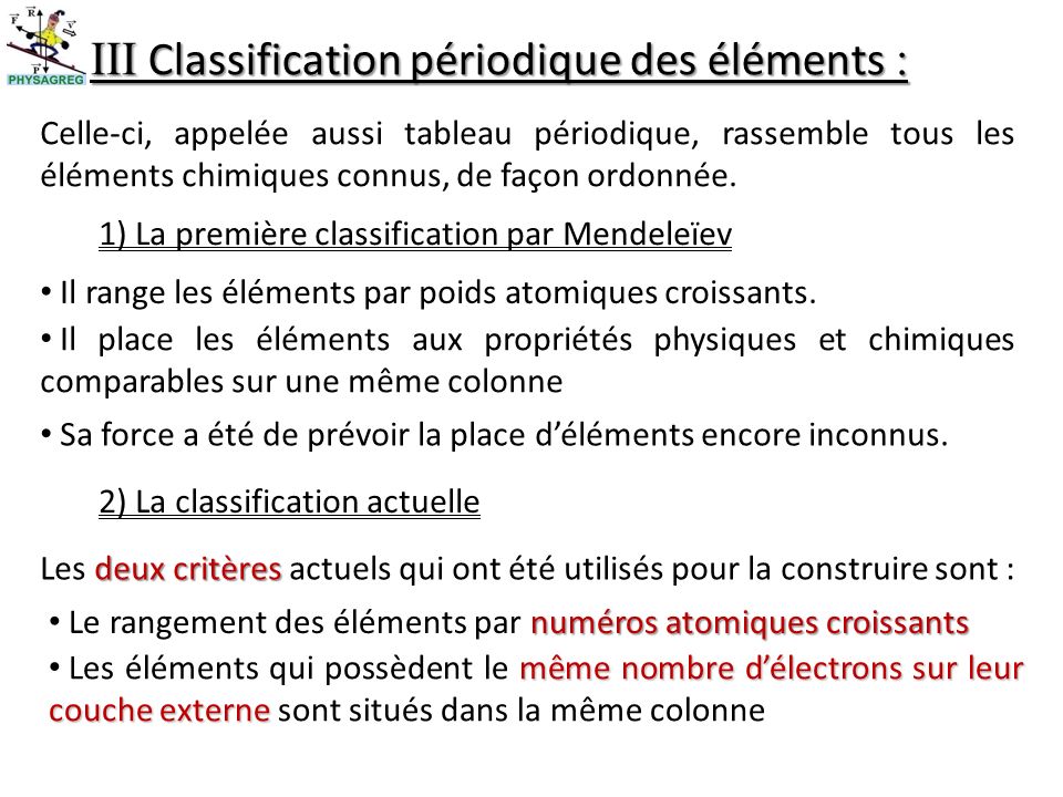 III Classification périodique des éléments :