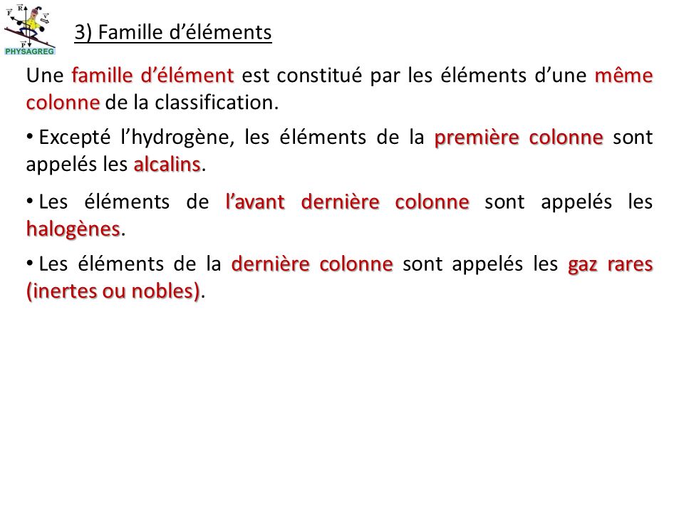 3) Famille d’éléments Une famille d’élément est constitué par les éléments d’une même colonne de la classification.