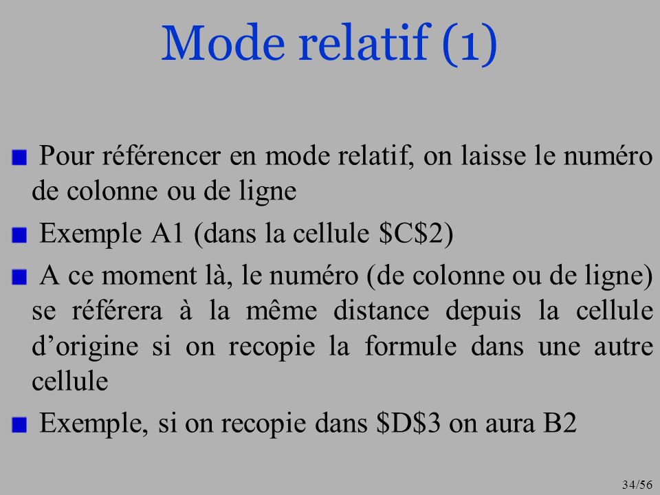 Mode relatif (1) Pour référencer en mode relatif, on laisse le numéro de colonne ou de ligne. Exemple A1 (dans la cellule $C$2)
