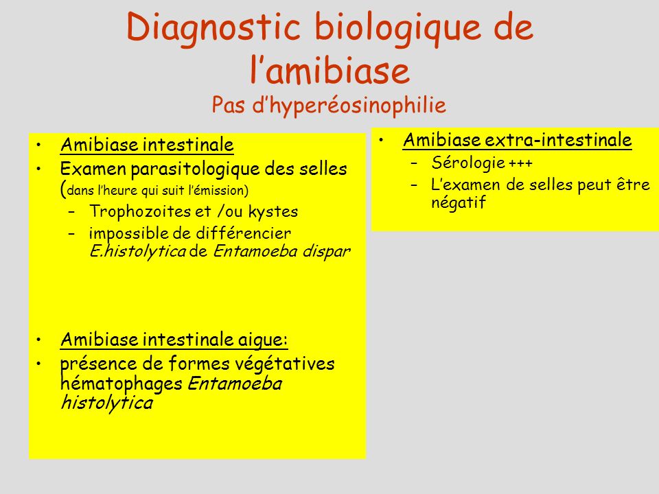 Diagnostic biologique de l’amibiase Pas d’hyperéosinophilie