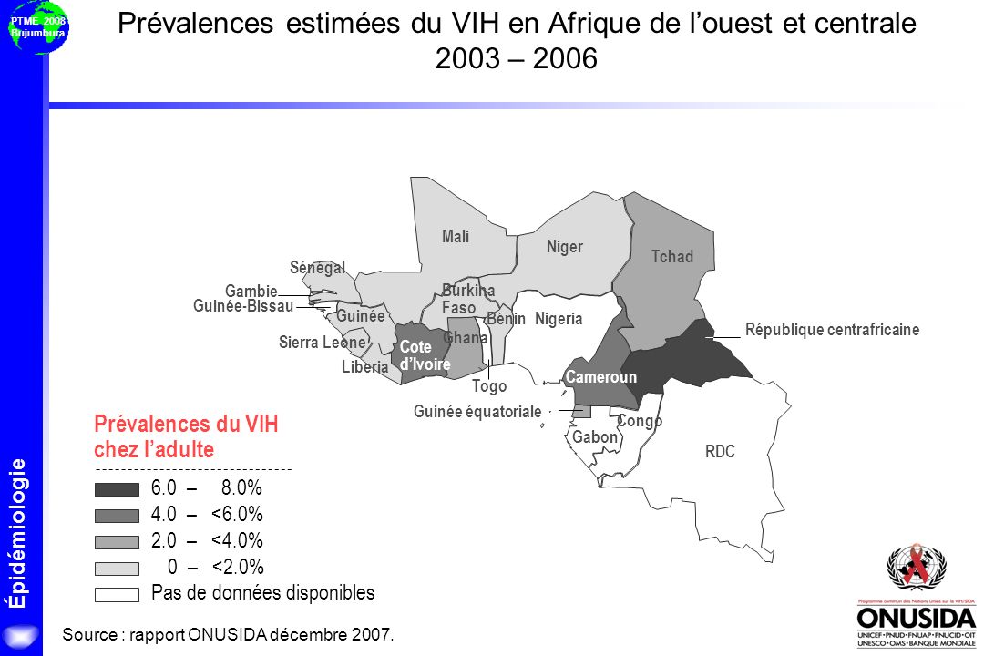 Prévalences estimées du VIH en Afrique de l’ouest et centrale 2003 – 2006