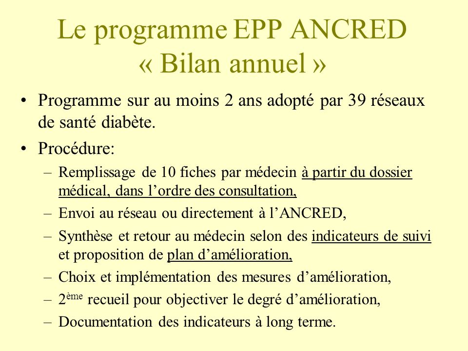 Le programme EPP ANCRED « Bilan annuel »