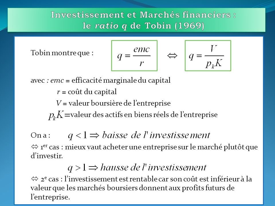 Investissement et Marchés financiers : le ratio q de Tobin (1969)