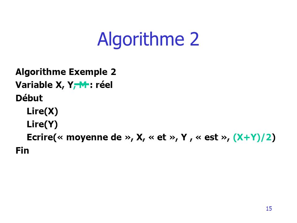 Algorithme 2 Algorithme Exemple 2 Variable X, Y, M : réel Début