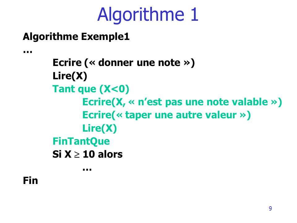 Algorithme 1 Algorithme Exemple1 … Ecrire (« donner une note »)