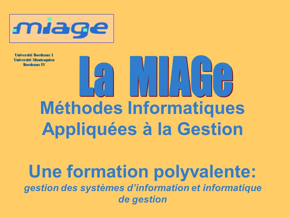 La MIAGe Méthodes Informatiques Appliquées à la Gestion Une formation polyvalente: gestion des systèmes d’information et informatique de gestion.