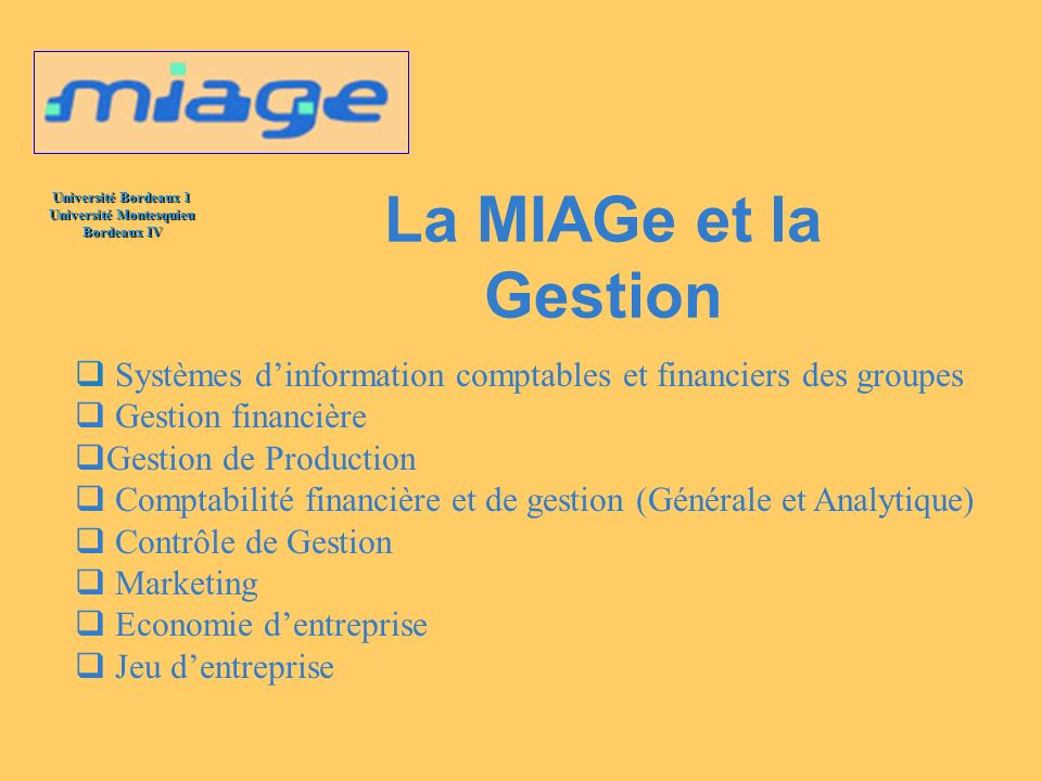 La MIAGe et la Gestion Systèmes d’information comptables et financiers des groupes. Gestion financière.