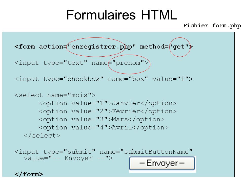 Formulaires HTML <form action= enregistrer.php method= get >