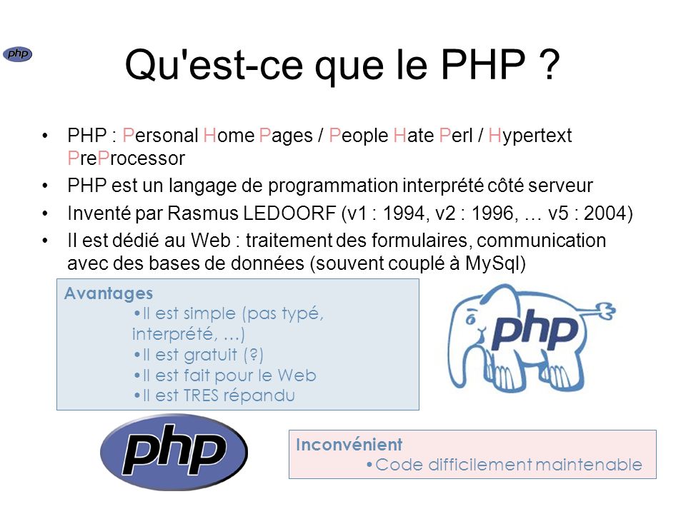 Qu est-ce que le PHP PHP : Personal Home Pages / People Hate Perl / Hypertext PreProcessor.