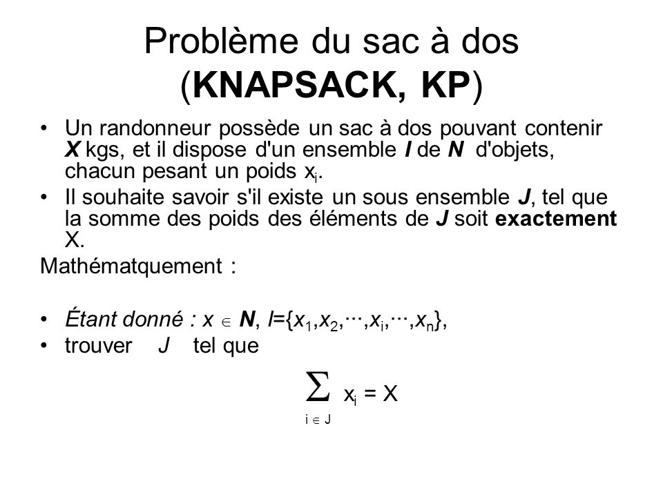 Problème du sac à dos (KNAPSACK, KP)