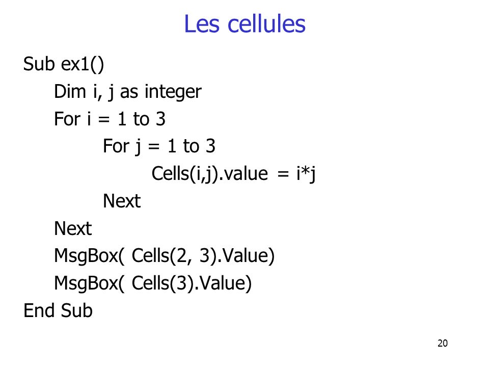 Les cellules Sub ex1() Dim i, j as integer For i = 1 to 3
