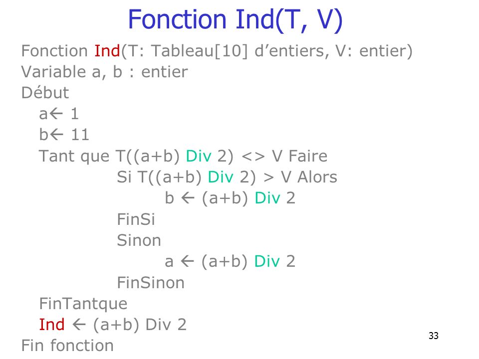 Fonction Ind(T, V) Fonction Ind(T: Tableau[10] d’entiers, V: entier)