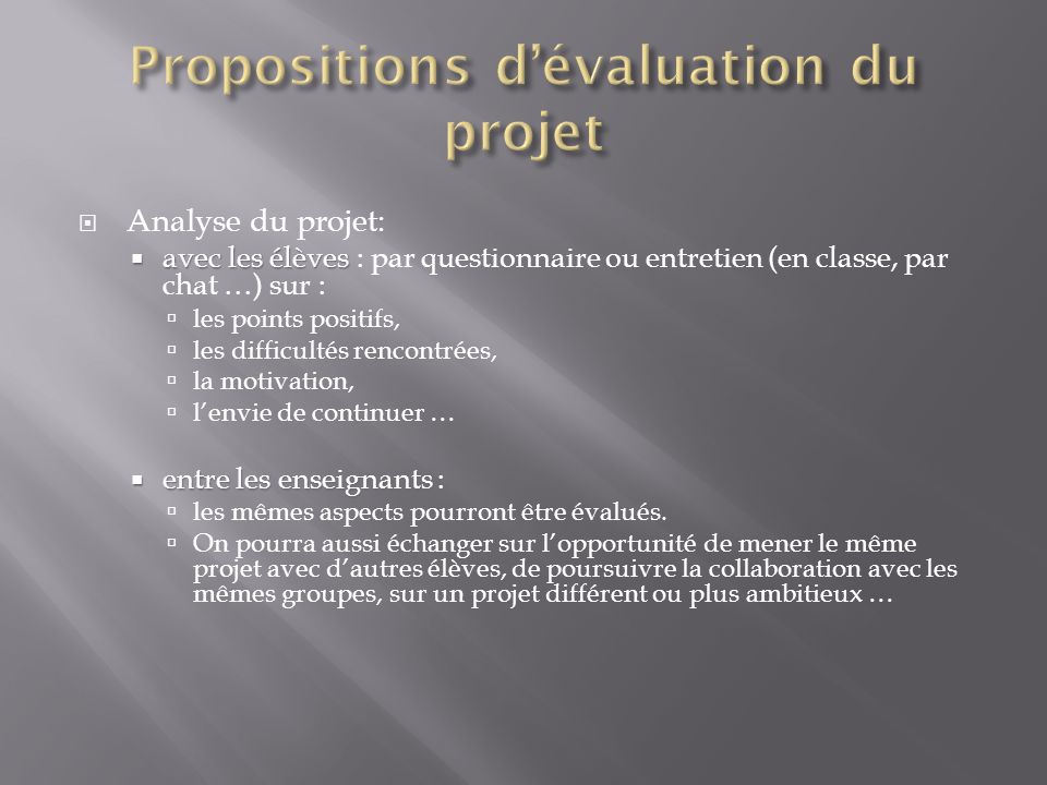 Propositions d’évaluation du projet