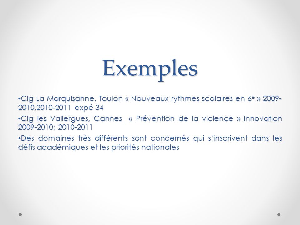 Exemples Clg La Marquisanne, Toulon « Nouveaux rythmes scolaires en 6e » , expé 34.