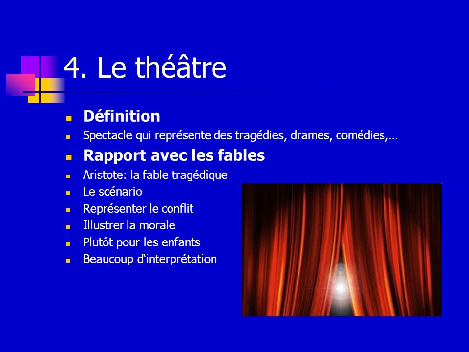 4. Le théâtre Définition Rapport avec les fables