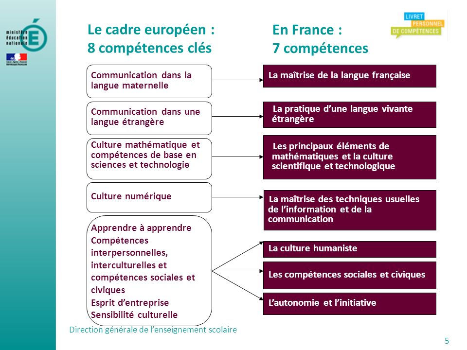 Le cadre européen : 8 compétences clés En France : 7 compétences