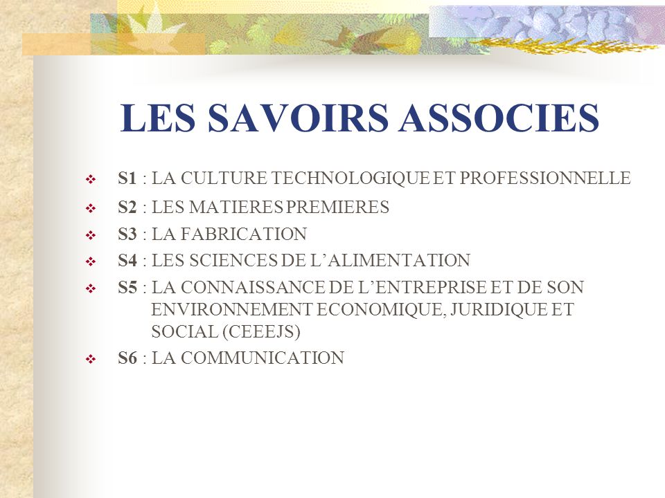 LES SAVOIRS ASSOCIES S1 : LA CULTURE TECHNOLOGIQUE ET PROFESSIONNELLE