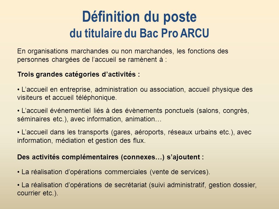 Définition du poste du titulaire du Bac Pro ARCU