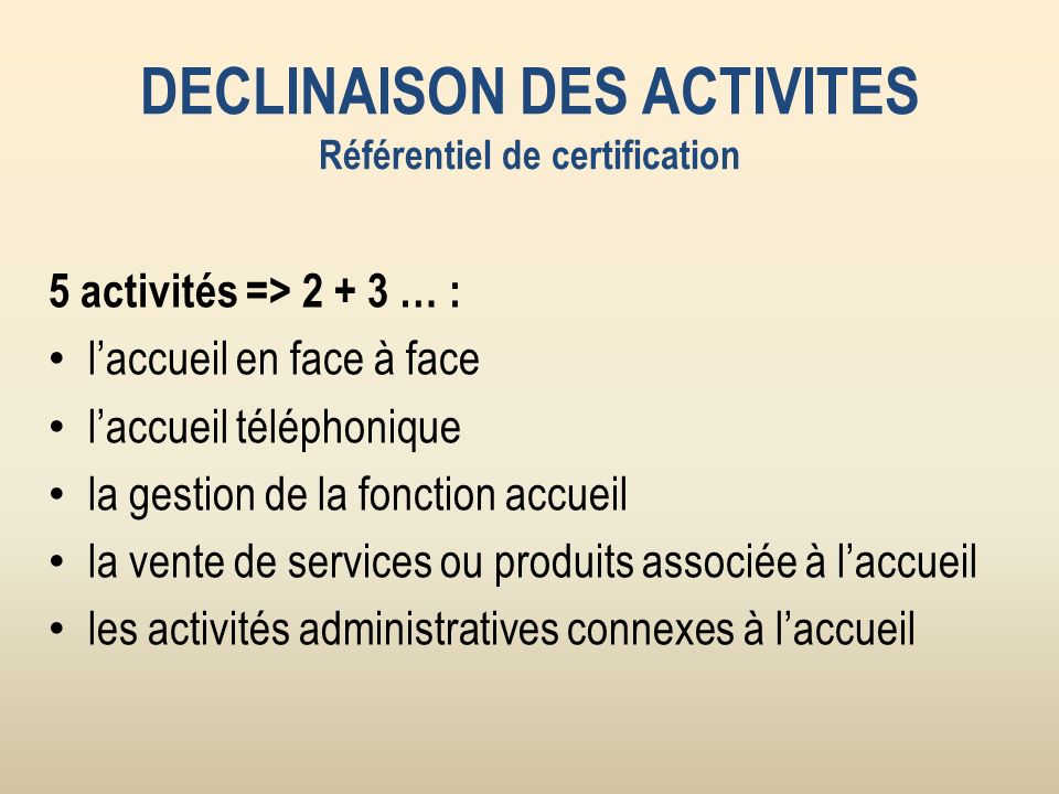 DECLINAISON DES ACTIVITES Référentiel de certification