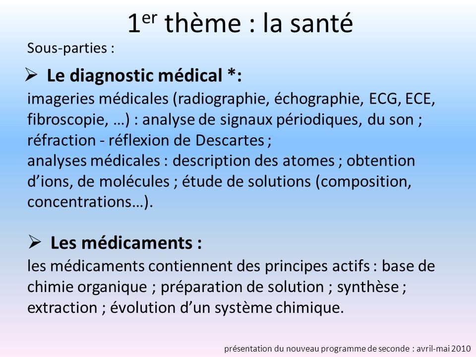 1er thème : la santé Le diagnostic médical *: Les médicaments :