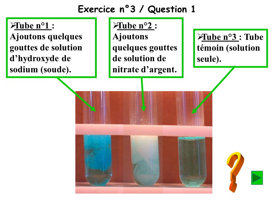 Exercice n°3 / Question 1 Tube n°1 : Ajoutons quelques gouttes de solution d’hydroxyde de sodium (soude).