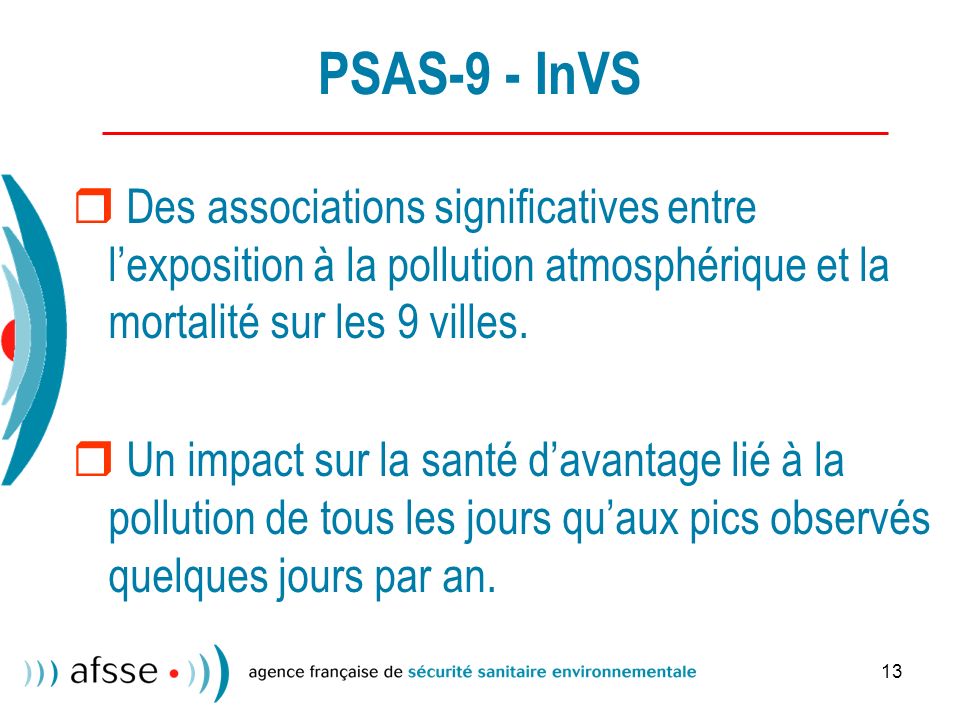PSAS-9 - InVS  Des associations significatives entre l’exposition à la pollution atmosphérique et la mortalité sur les 9 villes.