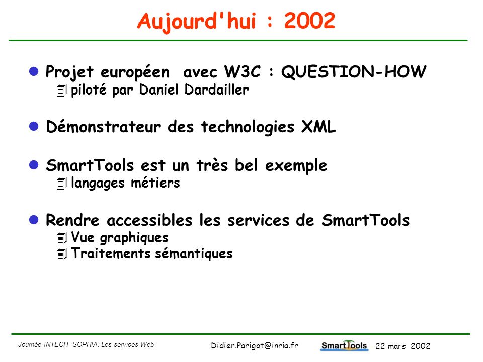 Aujourd hui : 2002 Projet européen avec W3C : QUESTION-HOW