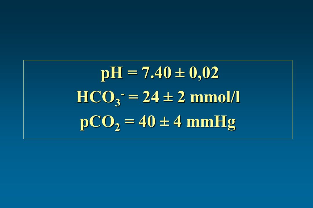 pH = 7.40 ± 0,02 HCO3- = 24 ± 2 mmol/l pCO2 = 40 ± 4 mmHg