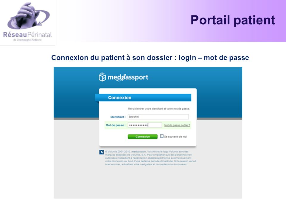 Connexion du patient à son dossier : login – mot de passe