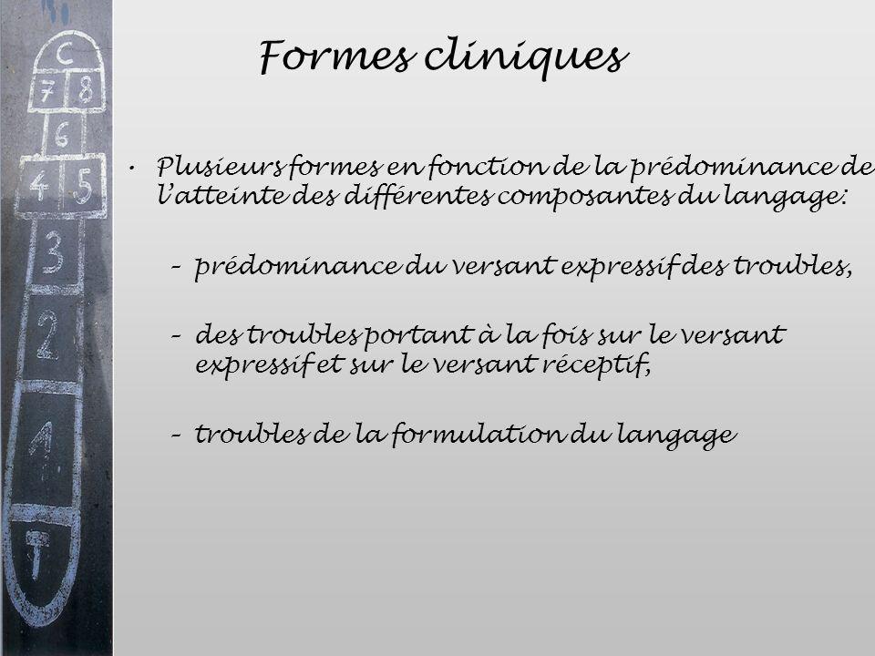 Formes cliniques Plusieurs formes en fonction de la prédominance de l’atteinte des différentes composantes du langage:
