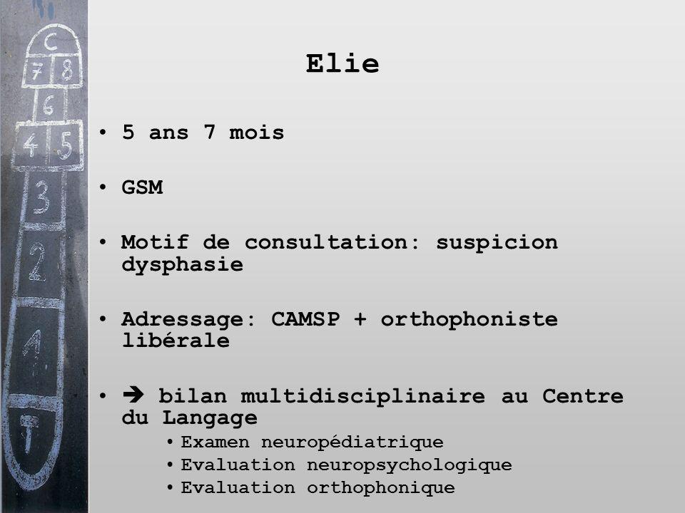Elie 5 ans 7 mois GSM Motif de consultation: suspicion dysphasie