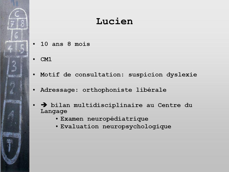 Lucien 10 ans 8 mois CM1 Motif de consultation: suspicion dyslexie