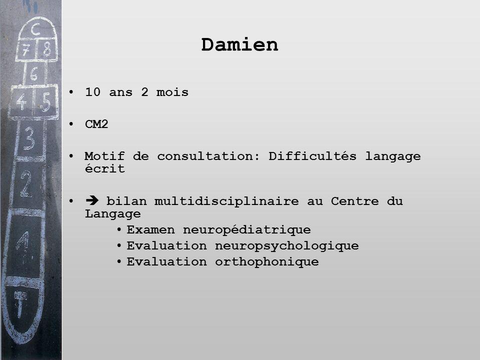 Damien 10 ans 2 mois. CM2. Motif de consultation: Difficultés langage écrit.  bilan multidisciplinaire au Centre du Langage.